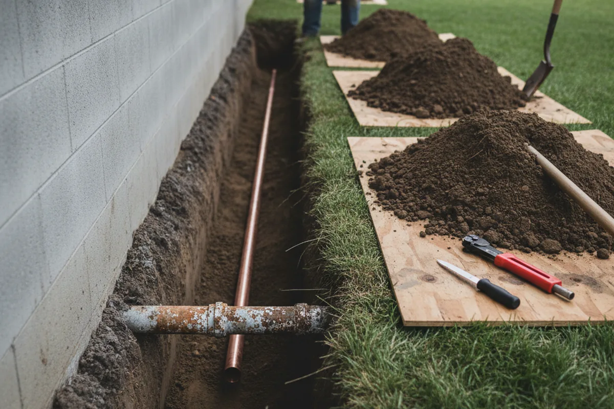 Excavated water line trench during Water Softener Installation in Topanga